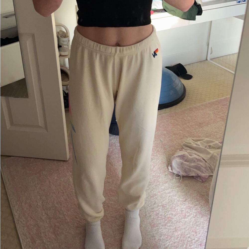 AVIATOR NATION cream rainbow lighting bolt sweatpants SIZE M